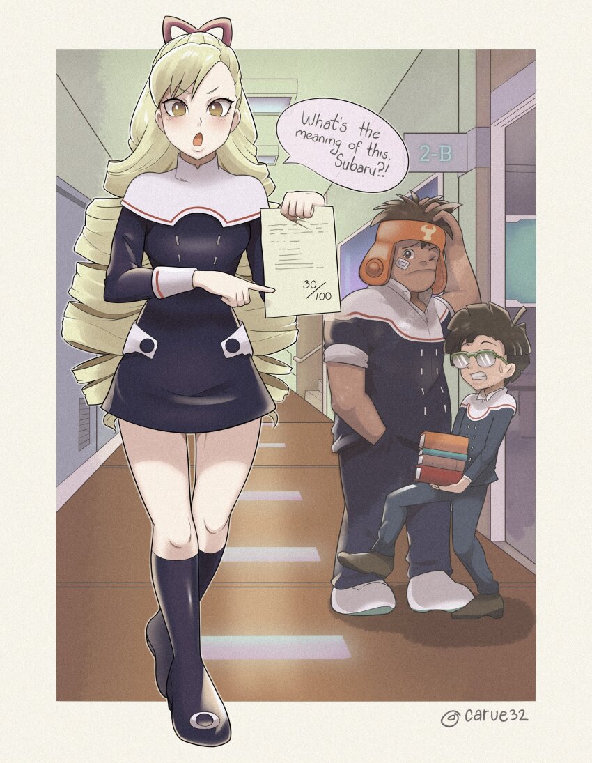 1girl 2boys absurdres artist_name blonde_hair book bow brown_hair bud_bison_(mega_man) caruel_art glasses hair_bow hand_in_pocket highres holding holding_book long_hair luna_platz_(mega_man) mega_man_(series) mega_man_star_force_(series) mega_man_star_force_4 multiple_boys red_bow school school_uniform speech_bubble very_long_hair zack_temple_(mega_man)