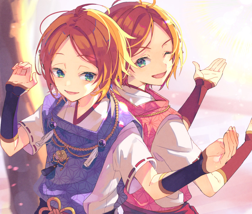 2boys absurdres aoi_hinata aoi_yuta back-to-back brothers dot_nose ensemble_stars! eyelashes green_eyes highres japanese_clothes male_focus multiple_boys nagatsukiariake one_eye_closed open_mouth orange_hair outdoors outstretched_arms short_hair short_sleeves siblings tassel twins
