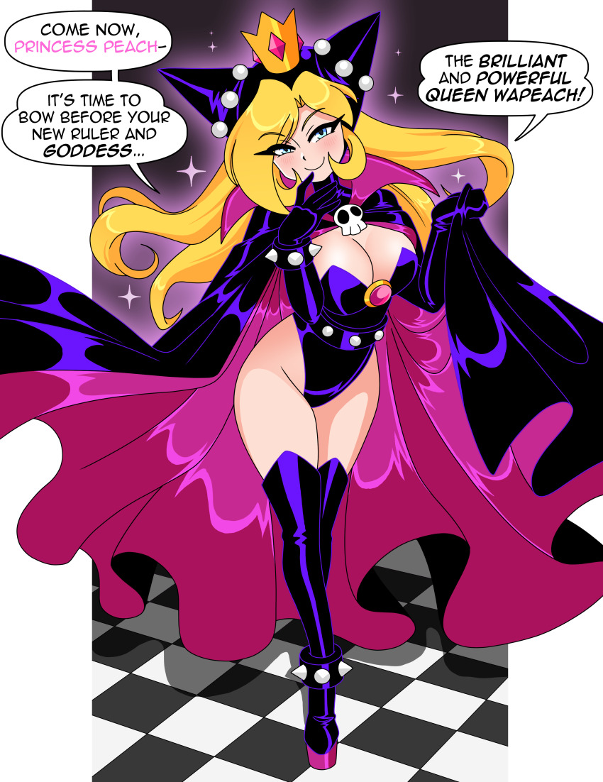 1girl absurdres aged_up animal_ears black_cape black_gloves black_hood black_leotard blonde_hair blue_eyes boots bracelet breasts brooch cape cape_grab checkered_floor cleavage clothes_grab collared_cape crown elbow_gloves english_text fake_animal_ears fake_horns finger_to_mouth gem gloves high_collar highleg highleg_leotard highres hood hood_up horns jewelry knee_boots large_breasts leotard long_eyelashes long_hair mario_(series) mario_power_tennis mario_tennis mini_crown nico-neko nintendo pink_cape pink_gemstone platform_boots platform_footwear power-up purple_cape purple_gloves purple_hood purple_leotard skull_brooch smile smug spiked_belt spiked_bracelet spikes thighhighs two-tone_cape warupeach