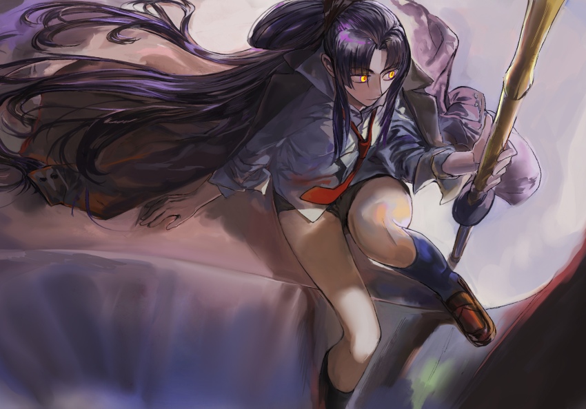 1girl black_hair cherronysius collared_shirt fate/grand_order fate_(series) from_above highres holding holding_weapon id_(fate/grand_order) jacket jacket_on_shoulders knee_up long_hair long_sleeves necktie ponytail red_necktie school_uniform shinai shirt short_shorts shorts sitting solo sword taira_no_kagekiyo_(fate) ushiwakamaru_(fate) very_long_hair weapon white_shirt yellow_eyes