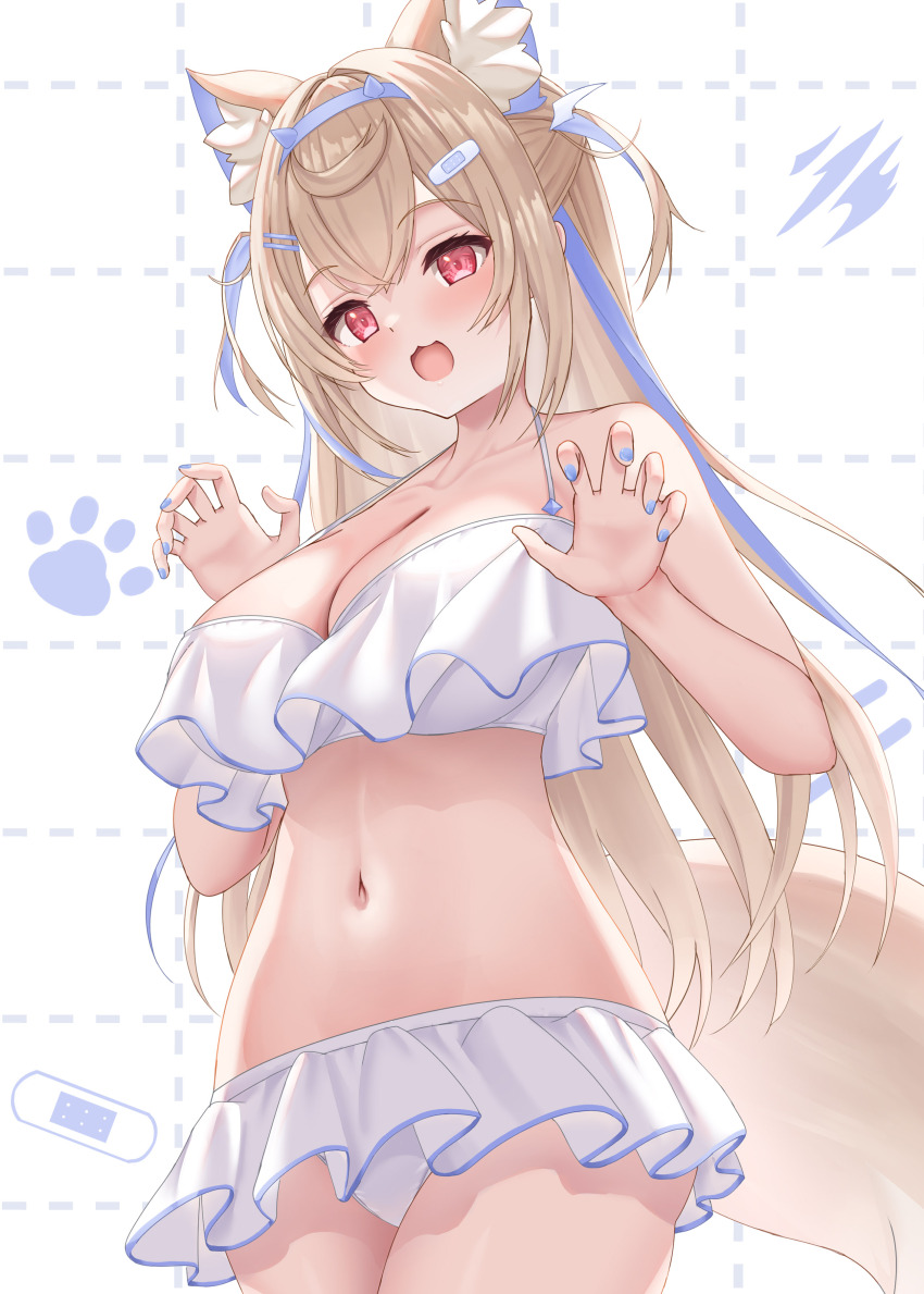1girl :3 absurdres alternate_costume animal_ears bandaid bandaid_hair_ornament bikini bikini_skirt blonde_hair blue_hair blue_hairband blue_nails blush borrowed_design breasts claw_pose cleavage commentary crossed_bangs dog_ears dog_girl dog_tail double-parted_bangs extra_ears fake_horns frilled_bikini frills fuwawa_abyssgard hair_between_eyes hair_intakes hair_ornament hairband hairclip halterneck hands_up highres hololive hololive_english horns large_breasts long_hair looking_at_viewer multicolored_hair nail_polish navel open_mouth pink_eyes solo stomach streaked_hair swimsuit tail two_side_up uehiro virtual_youtuber white_bikini
