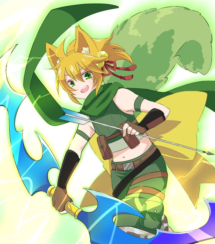 1boy ahoge animal_ears arrow_(projectile) bell belt blonde_hair bow_(weapon) brown_belt brown_gloves commentary_request cowboy_shot crop_top doroidsan fingerless_gloves fox_boy fox_ears gloves green_eyes green_scarf green_shirt green_shorts hair_bell hair_ornament hair_ribbon highres holding holding_arrow holding_bow_(weapon) holding_weapon jingle_bell looking_at_viewer male_focus midriff navel open_mouth ragnarok_online ranger_(ragnarok_online) red_ribbon ribbon scarf shirt short_hair shorts simple_background sleeveless sleeveless_shirt smile solo weapon white_background