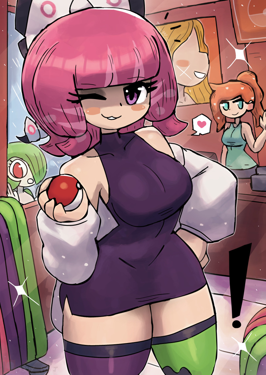 ! 2girls :3 absurdres asymmetrical_legwear blue_eyes blue_shirt blush bow breasts cash_register dress gardevoir gen_3_pokemon green_hair green_thighhighs grey_pants grin hair_bow hair_over_one_eye hand_on_own_hip heart highres holding holding_poke_ball jacket klara_(pokemon) large_breasts long_hair long_sleeves looking_at_viewer mismatched_legwear multiple_girls nintendo off-shoulder_jacket off_shoulder one_eye_closed open_clothes open_jacket open_mouth orange_hair pants pink_hair poke_ball poke_ball_(basic) poke_ball_symbol pokemon pokemon_(creature) pokemon_swsh ponytail poster_(object) purple_dress purple_eyes purple_thighhighs red_eyes shirt short_hair sleeveless sleeveless_dress smile sonia_(pokemon) sparkle speech_bubble spoken_heart standing tank_top teeth thick_thighs thighhighs thighs tony_welt waving white_bow white_jacket wide_hips window wink
