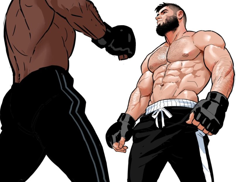 2boys abs arm_hair bara beard black_hair chest_hair commentary deni_(hassbroart) facial_hair hand_guard hassbroart large_pectorals male_focus multiple_boys muscular muscular_male navel nipples original pectorals short_hair simple_background solo_focus topless_male white_background