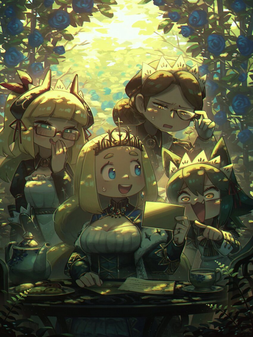 4girls absurdres animal_ears blonde_hair blue_eyes brown_hair cat_ears cookie corset cup flareze_(porforever) food glasses green_hair hair_bun highres horns laughing long_hair maid maid_headdress monocle multiple_girls open_mouth original porforever shade sunlight sweatdrop teacup teapot tiara tree tree_shade upper_body yellow_eyes