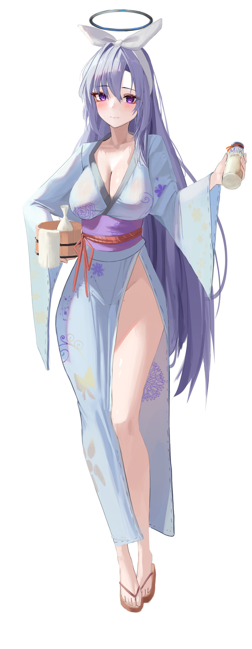 1girl absurdres alternate_costume banpen black_halo blue_archive blue_kimono blush bottle breasts bucket cleavage closed_mouth commentary_request full_body glass_bottle hair_intakes halo highres holding holding_bottle holding_bucket japanese_clothes kimono large_breasts long_hair long_sleeves looking_at_viewer milk_bottle sandals side_slit simple_background solo standing standing_on_one_leg thighs white_background wide_sleeves wooden_bucket yukata yuuka_(blue_archive)