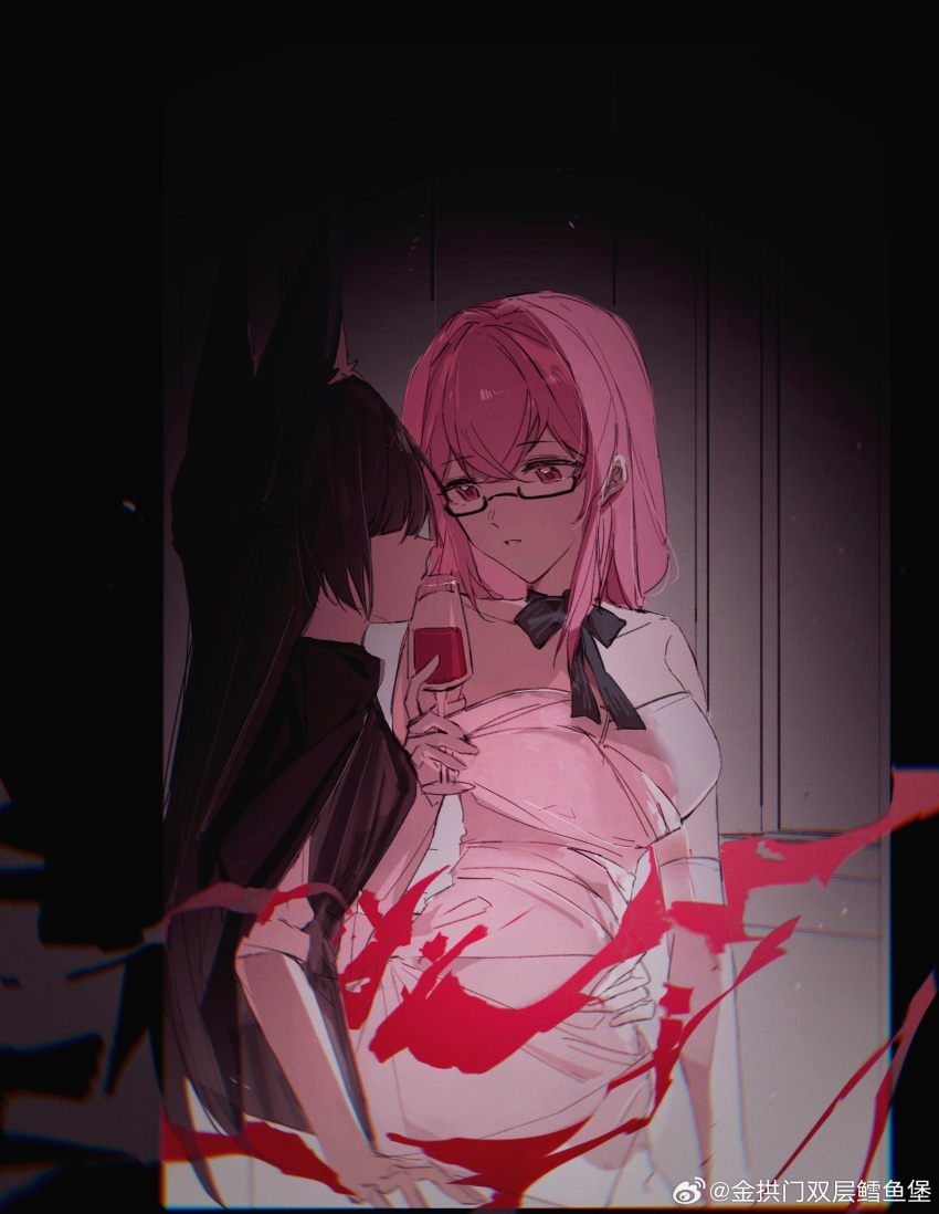 2girls absurdres alternate_costume animal_ears artist_name black_hair blunt_bangs coloki dress elbow_gloves fox_ears fox_girl glasses gloves hair_between_eyes highres hoshimi_miyabi indoors long_hair looking_at_another multiple_girls parted_lips pink_eyes pink_hair sidelocks tsukishiro_yanagi watermark weibo_watermark white_dress white_gloves yuri zenless_zone_zero