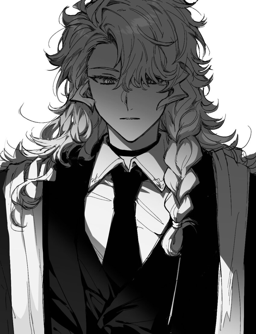 1boy black_choker braid choker collared_shirt commentary_request curly_hair expressionless facing_viewer fate/grand_order fate_(series) formal_clothes greyscale hair_over_one_eye highres korean_commentary long_hair male_focus monochrome myg_8028 shirt simple_background solo solomon_(fate) suit upper_body white_background