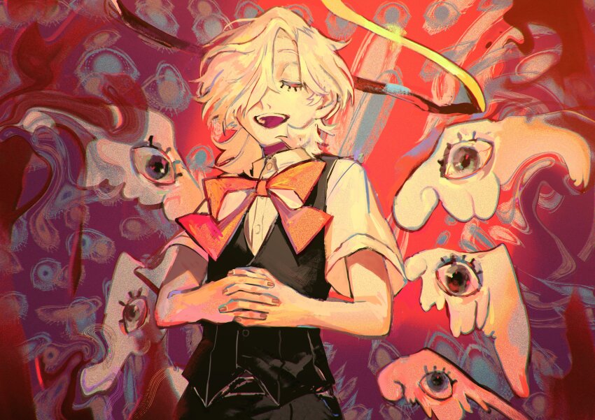 1boy absurdres angel angel_wings black_vest closed_eyes cowboy_shot hair_over_one_eye halo highres male_focus momomo_906 multiple_wings original own_hands_clasped own_hands_together red_background seraph shorts solo too_many_eyes vest wing_eyes wings