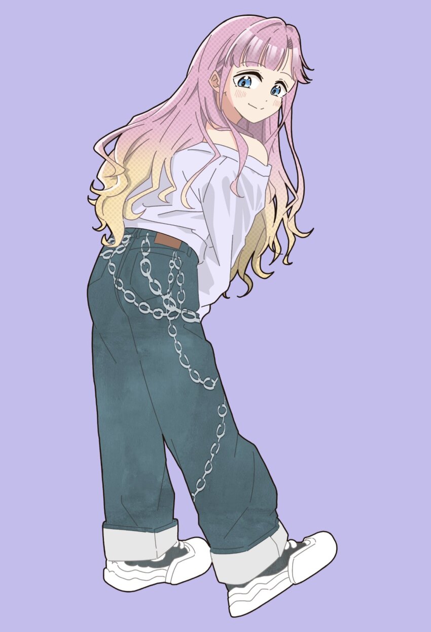 1girl alternate_costume anyoji_hime black_shoes blonde_hair blue_eyes blue_pants blunt_bangs blush closed_mouth commentary_request cosplay denim from_behind full_body gradient_hair hair_down hair_intakes highres jeans kurusu_rin kurusu_rin_(cosplay) link!_like!_love_live! llkapital long_hair love_live! multicolored_hair off-shoulder_shirt off_shoulder pants photo-referenced pink_hair purple_background purple_shirt shirt shoes sidelocks simple_background smile sneakers solo split_mouth swept_bangs very_long_hair virtual_youtuber voice_actor_connection