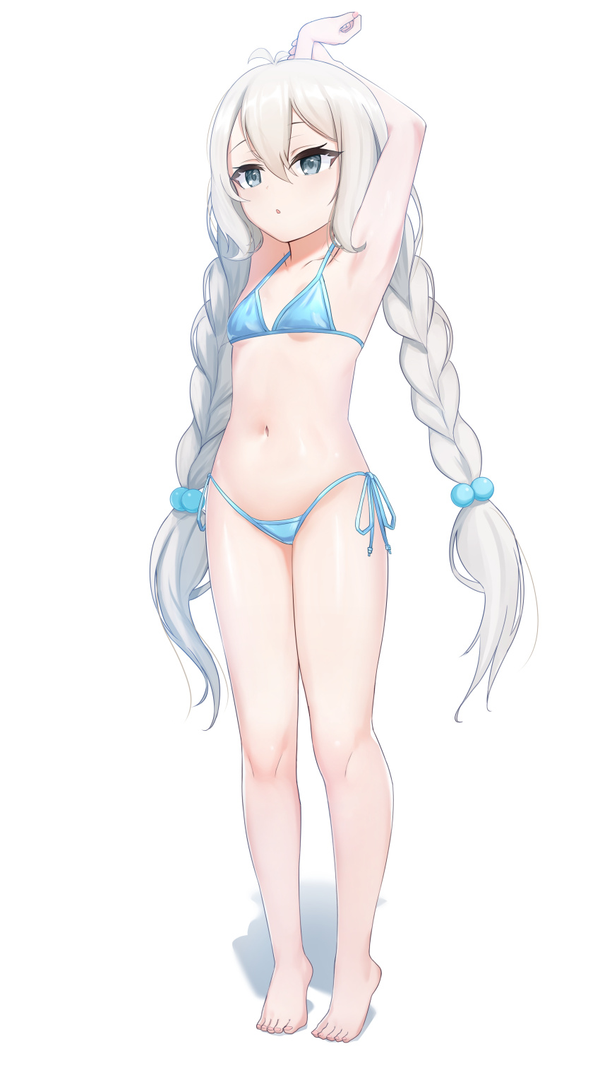 1girl absurdres armpits arms_up barefoot bikini braid breasts full_body grey_eyes hair_bobbles hair_ornament hanba_rou highres kokkoro_(princess_connect!) kokkoro_(real)_(princess_connect!) long_hair navel parted_lips plaid princess_connect! side-tie_bikini_bottom small_breasts solo stretching swimsuit tiptoes twin_braids very_long_hair white_background white_hair