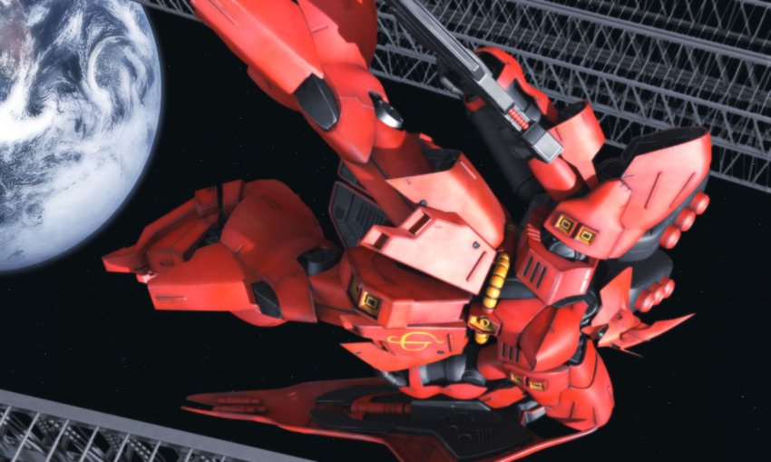 3d beam_rifle char&#039;s_counterattack commentary_request earth_(planet) energy_gun funnels_(gundam) gundam machinery mecha mecha_focus mobile_suit neo_zeon no_humans photo_background planet radio_antenna realistic robot sazabi science_fiction shield space space_habitat thrusters tomholy vernier_thrusters weapon zero_gravity