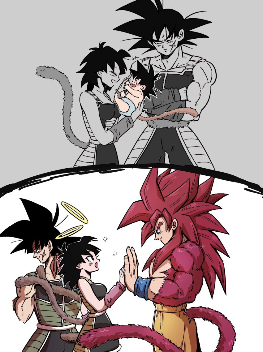 1girl 2boys bardock black_hair body_fur brown_tail cowboy_shot dragon_ball dragon_ball_daima dragon_ball_super dragon_ball_super_broly family father_and_son from_side gine halo highres ireba_sui long_hair looking_at_another medium_hair monkey_tail mother_and_son multiple_boys orange_pants pants profile red_eyes red_fur red_hair red_tail saiyan_armor scar scar_on_face simple_background son_goku spiked_hair tail topless_male