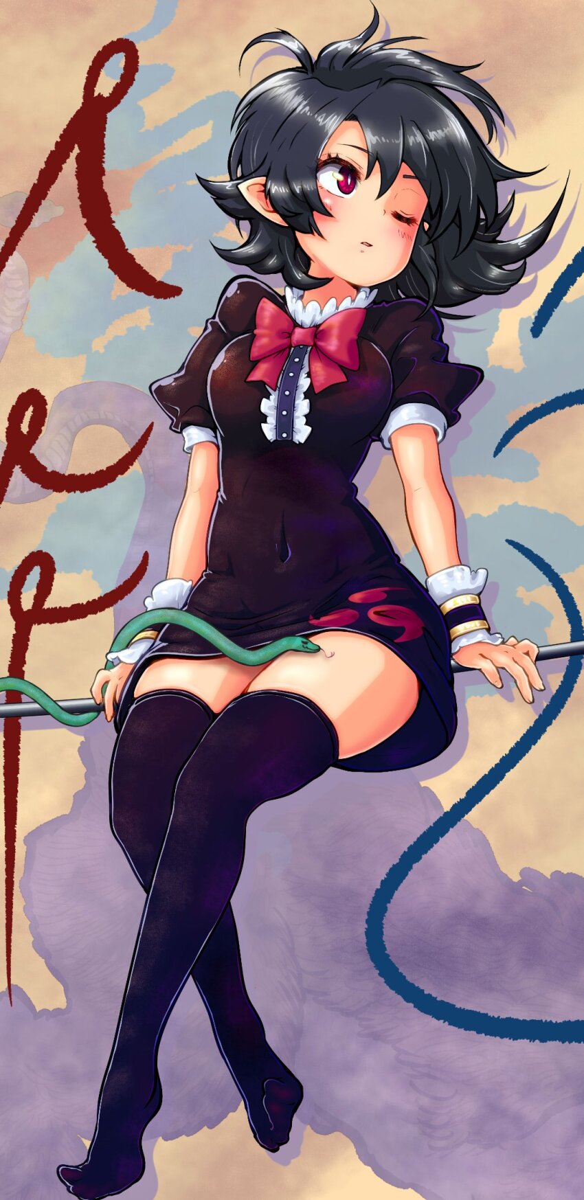 1girl asymmetrical_wings black_dress black_hair black_thighhighs blue_wings bow bowtie carbohydrate_(asta4282) covered_navel dress full_body highres houjuu_nue no_shoes nue_day one_eye_closed pointy_ears polearm red_bow red_bowtie red_eyes red_wings short_dress short_hair sitting snake solo thighhighs touhou weapon wings zettai_ryouiki