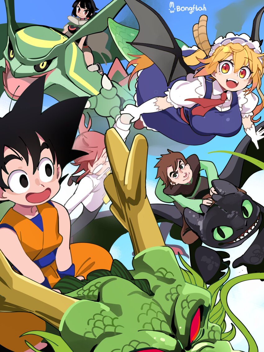 2boys 3girls absurdres armor artist_name black_hair black_sclera blonde_hair blush bongfill breasts brown_hair colored_sclera dragon dragon_ball dragon_girl dragon_horns dragon_tail dragon_wings dress eastern_dragon gen_3_pokemon glasses gloves gradient_hair green_sclera hiccup_horrendous_haddock_iii highres horns how_to_train_your_dragon_(series) kobayashi-san_chi_no_maidragon kobayashi_(maidragon) large_breasts large_tail leather_armor legendary_pokemon long_hair maid maid_headdress multicolored_hair multiple_boys multiple_girls nintendo open_mouth orange_eyes outdoors pokemon pokemon_(creature) rayquaza red_eyes red_hair scales shenron_(dragon_ball) shirt short_hair slit_pupils smile son_goku species_connection spiked_hair tail teeth tohru_(maidragon) toothless twintails western_dragon white_gloves white_shirt wings yellow_eyes zinnia_(pokemon)