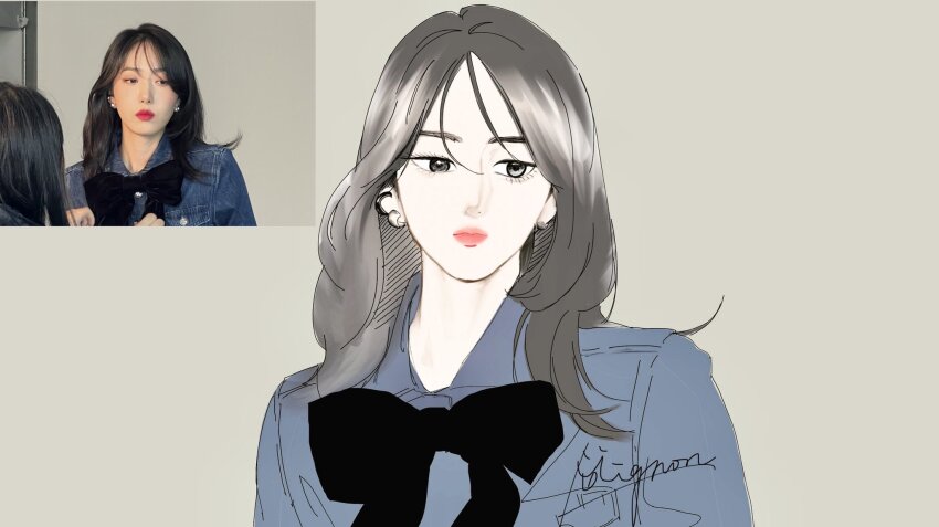 1girl black_bow black_bowtie black_hair blue_shirt bow bowtie closed_mouth earrings gfriend highres jewelry looking_to_the_side medium_hair mignon94776761 photo-referenced pink_lips real_life shirt simple_background sinb_(gfriend) solo upper_body
