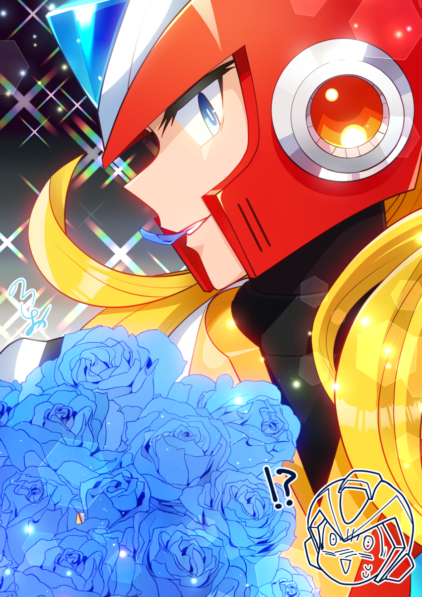 !? 2boys android armor blonde_hair blue_eyes blue_flower cape clenched_teeth coat flower forehead_jewel glowing gradient_background half-closed_eyes head_only helmet highres jewelry lab_coat long_hair looking_at_viewer mega_man_(series) mega_man_x_(series) mega_man_x_dive multiple_boys no-rishio petal_in_mouth petals ponytail red_armor red_helmet robot robot_ears sparkle_background teeth very_long_hair white_cape white_coat x_(mega_man) zero_(mega_man)