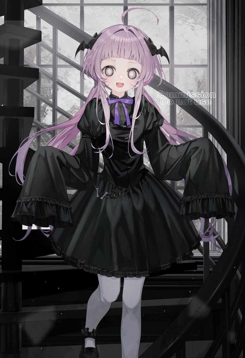 1girl ahoge bat_hair_ornament black_dress bright_pupils commission dress flat_chest grey_eyes hair_ornament highres juliet_sleeves long_hair long_sleeves looking_at_viewer low_twintails neck_ribbon open_mouth original pantyhose pink_hair puffy_sleeves purple_ribbon ribbon sho_(sho_oe4) skeb_commission sleeves_past_fingers sleeves_past_wrists smile solo spiral_staircase stairs twintails white_pantyhose white_pupils