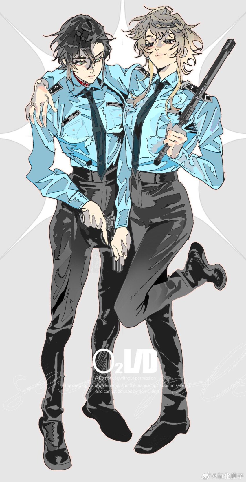 2girls baton_(weapon) black_hair cuffs full_body green_hair grey_eyes gun hand_on_another&#039;s_shoulder handgun high-waist_pants highres holding holding_gun holding_weapon leg_up multiple_girls necktie original pants police police_uniform policewoman short_hair simple_background standing standing_on_one_leg weapon yanghua_gaizi