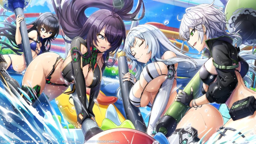 4girls bikini black_hair blue_eyes blue_hair bracelet breasts chouun_shiryuu cleavage closed_eyes crossed_bangs dolphin_wave elbow_gloves fingerless_gloves gloves green_eyes hagane_otsuki hair_between_eyes hair_over_one_eye highres ikkitousen jacket jewelry kan&#039;u_unchou large_breasts long_hair medium_breasts multiple_girls official_art ootomo_takuji purple_eyes purple_hair sarah_anthony sideboob small_breasts swimsuit thighhighs underboob very_long_hair waterpark