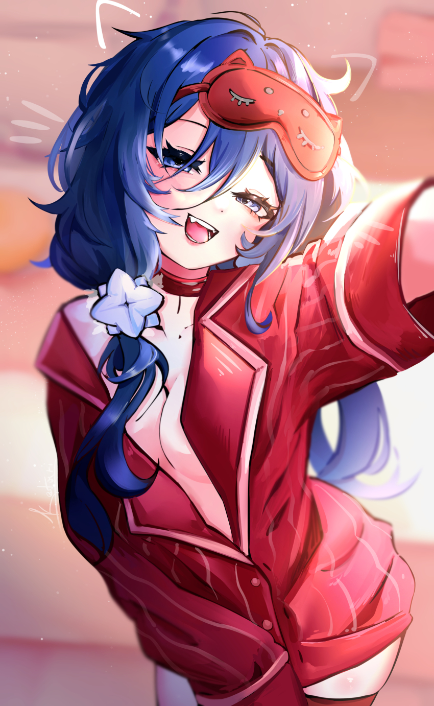 1girl absurdres animal_ears blue_eyes blue_hair blurry blurry_background breasts choker cleavage commentary_request facial_mark fake_animal_ears fake_whiskers fangs hair_between_eyes hair_ornament highres ketari long_hair long_sleeves looking_at_viewer mask mask_on_head medium_breasts miside mita_(miside) open_mouth outstretched_arm pajamas red_choker red_pajamas red_shirt shirt sleep_mask sleepy_mita_(miside) smile solo teeth whisker_markings