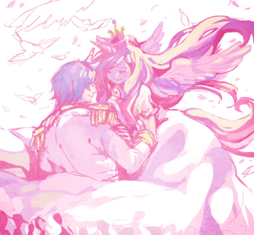 1boy 1girl bird blue_hair couple dress closed_eyes hetero horns long_hair matsusaka multicolored_hair my_little_pony my_little_pony:_friendship_is_magic personification princess_cadance shining_armor single_horn tiara wedding_dress