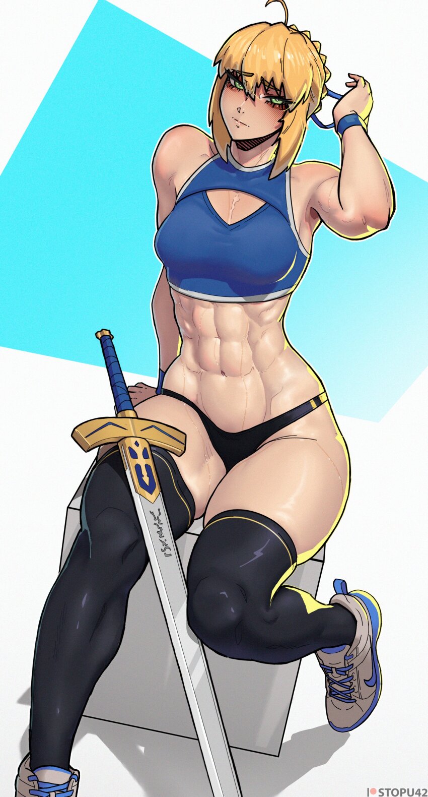 1girl abs absurdres antenna_hair artoria_pendragon_(fate) blonde_hair breasts cleavage fate_(series) green_eyes highres medium_breasts muscular muscular_female saber_(fate) shoes sitting sneakers solo stopu sweatband sword thick_thighs thighhighs thighs toned weapon