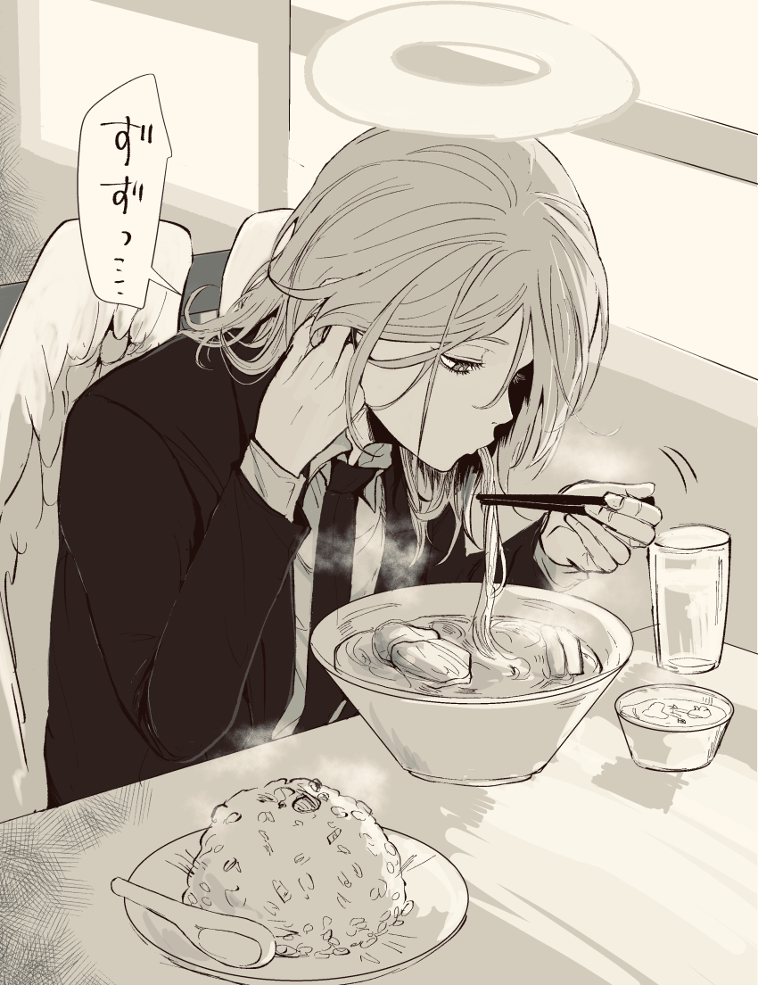 1boy absurdres angel angel_devil_(chainsaw_man) angel_wings chainsaw_man chopsticks commentary_request eating feathered_wings food_request formal_clothes greyscale halo heco_inu highres jacket long_hair male_focus monochrome necktie solo suit suit_jacket traditional_halo wings