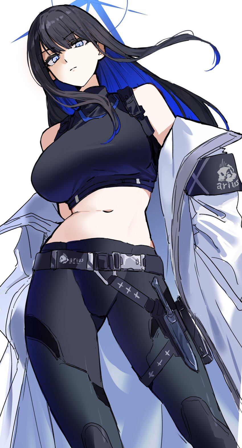 1girl absurdres blue_archive blue_eyes blue_hair blue_halo buckle chest_harness coat colored_inner_hair halo harness highres knife_sheath koppepan_agp multicolored_hair navel saori_(blue_archive) sheath shirt sleeveless sleeveless_shirt snap-fit_buckle solo thigh_sheath white_coat