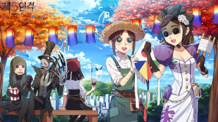 2boys 3girls :d apron autumn autumn_leaves bad_id bad_pixiv_id belt belt_buckle black_eyes black_footwear black_gloves black_hair black_jacket black_neckwear black_pants black_skirt blue_sky boots breasts brown_belt brown_hair brown_headwear bucket buckle button_eyes buttons cityscape claws cloud cloudy_sky collarbone collared_shirt commentary_request copyright_name crossed_legs cup day demi_bourbon dress dress_shirt drinking_glass elbow_gloves emma_woods facing_away food food_on_face gloves green_apron green_eyes green_jacket grey_vest hat headscarf holding holding_cup hood hood_up identity_v jack_(identity_v) jacket kim_bae-eo kite leaf multiple_boys multiple_girls naib_subedar necktie official_art on_bench open_mouth outdoors pants popcorn puffy_short_sleeves puffy_sleeves shirt short_sleeves sitting skirt sky small_breasts smile straw_hat teeth tree upper_teeth_only veil vera_nair vest white_dress white_shirt wine_glass
