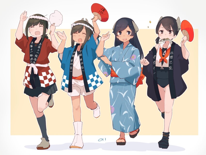 4girls :d alternate_costume anchor_symbol black_eyes black_hair black_kimono black_one-piece_swimsuit black_shirt black_skirt black_socks blue_kimono blush border brown_eyes brown_hair closed_eyes clothes_writing commentary cotton_candy cropped_shirt fish_(food) fish_in_mouth floral_print food fubuki_(festival)_(kancolle) fubuki_(kancolle) fubuki_kai_ni_(kancolle) grey_footwear grilled_fish hachimaki hair_between_eyes hand_fan happi headband headgear highres holding holding_cotton_candy holding_food i-400_(kancolle) i-400_(yukata)_(kancolle) i-401_(autumn_festival)_(kancolle) i-401_(kancolle) i-41_(kancolle) i-41_(saury_festival)_(kancolle) japanese_clothes kantai_collection kimono kneehighs long_hair looking_at_viewer low_ponytail ma_rukan medium_hair multiple_girls neckerchief nejiri_hachimaki obi official_alternate_costume one-piece_swimsuit open_clothes open_kimono open_mouth orange_neckerchief outline outside_border paper_fan pleated_skirt ponytail red_kimono sailor_collar sandals sash school_swimsuit shirt shorts sidelocks signature simple_background skirt smile socks sparkle swimsuit swimsuit_under_clothes symbol-only_commentary tan translation_request uchiwa white_border white_outline white_sailor_collar white_shirt white_shorts wide_sleeves yellow_background yukata