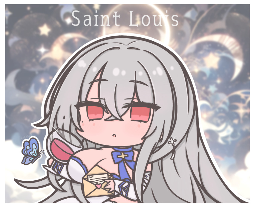 1girl azur_lane bare_shoulders blue_butterfly blue_scarf breasts bug butterfly character_name chibi chibi_only china_dress chinese_clothes cleavage commentary cup dress drinking_glass elbow_gloves evening_gown fingerless_gloves futaba_(anti_clockwise) gloves grey_hair hair_between_eyes insect large_breasts looking_at_viewer mole mole_under_eye official_alternate_costume red_eyes saint-louis_(azur_lane) saint-louis_(holy_knight&#039;s_resplendence)_(azur_lane) scarf sleeveless sleeveless_dress solo symbol-only_commentary thighhighs white_dress white_thighhighs wine_glass