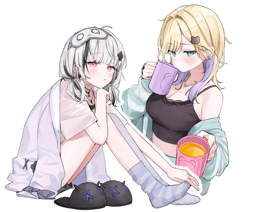 2girls aqua_jacket aqua_shorts asumi_sena asymmetrical_legwear bare_shoulders bear_hair_ornament black_camisole black_hair black_shorts black_slippers blonde_hair blush breasts camisole cattleya_regina_games cleavage closed_mouth colored_inner_hair cropped_legs cup drinking earrings full_body green_eyes grey_hair hair_intakes hair_ornament hanada_ten highres holding holding_cup incoming_drink iris_black_games jacket jewelry kurumi_noah kurumi_noah_(6th_costume) lace-trimmed_camisole lace_trim long_hair looking_at_viewer medium_hair midriff mismatched_legwear mug multicolored_hair multiple_girls necklace off_shoulder parted_bangs pink_eyes pink_shirt purple_hair shirt short_shorts short_sleeves shorts simple_background sitting sleep_mask sleeves_past_wrists slippers socks streaked_hair striped_clothes striped_jacket striped_socks thighhighs two-tone_hair uneven_legwear unworn_slippers virtual_youtuber vspo! white_background white_thighhighs