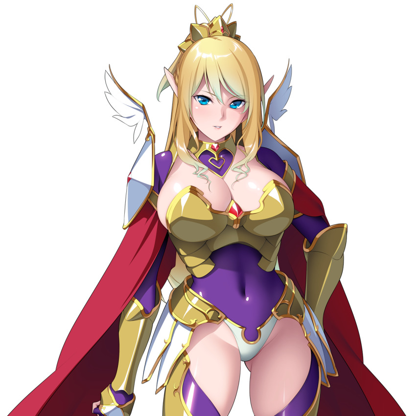 1girl armor bikini_armor blonde_hair blue_eyes breasts cape cleavage covered_navel cowboy_shot elf faulds fingerless_gloves game_cg gloves gluteal_fold gradient_hair hand_on_own_hip highres holding large_breasts large_variant_set leotard long_hair looking_at_viewer lunatic_knight magical_girl multicolored_hair nanao_(mahaya) non-web_source ochite_iku_seisenshi_lunatic_angels official_art parted_lips pointy_ears red_cape shindo_kuriko shoulder_armor solo standing thighhighs transparent_background vambraces variant_set
