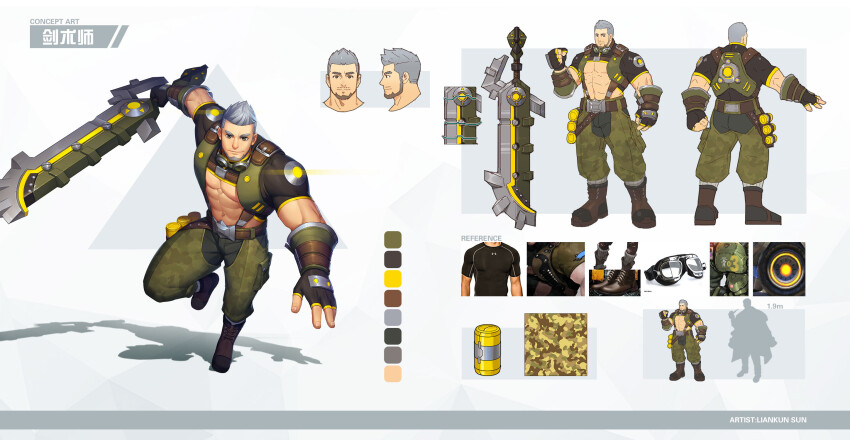 1boy abs artist_name bara beard biceps boots camouflage camouflage_pants reference_sheet crop_top crotchless crotchless_pants explosive facial_hair fighting_stance fingerless_gloves gauntlets gloves goggles goggles_around_neck green_eyes grenade grey_background grey_hair gyee highres holding holding_sword holding_weapon leather leather_belt logo looking_at_viewer male_focus manly master_(gyee) mature_male mianbaobao muscular muscular_arms muscular_male pants pectorals short_hair signature simple_background smirk solo spiked_hair sword thick_eyebrows thighs tight_clothes vest weapon