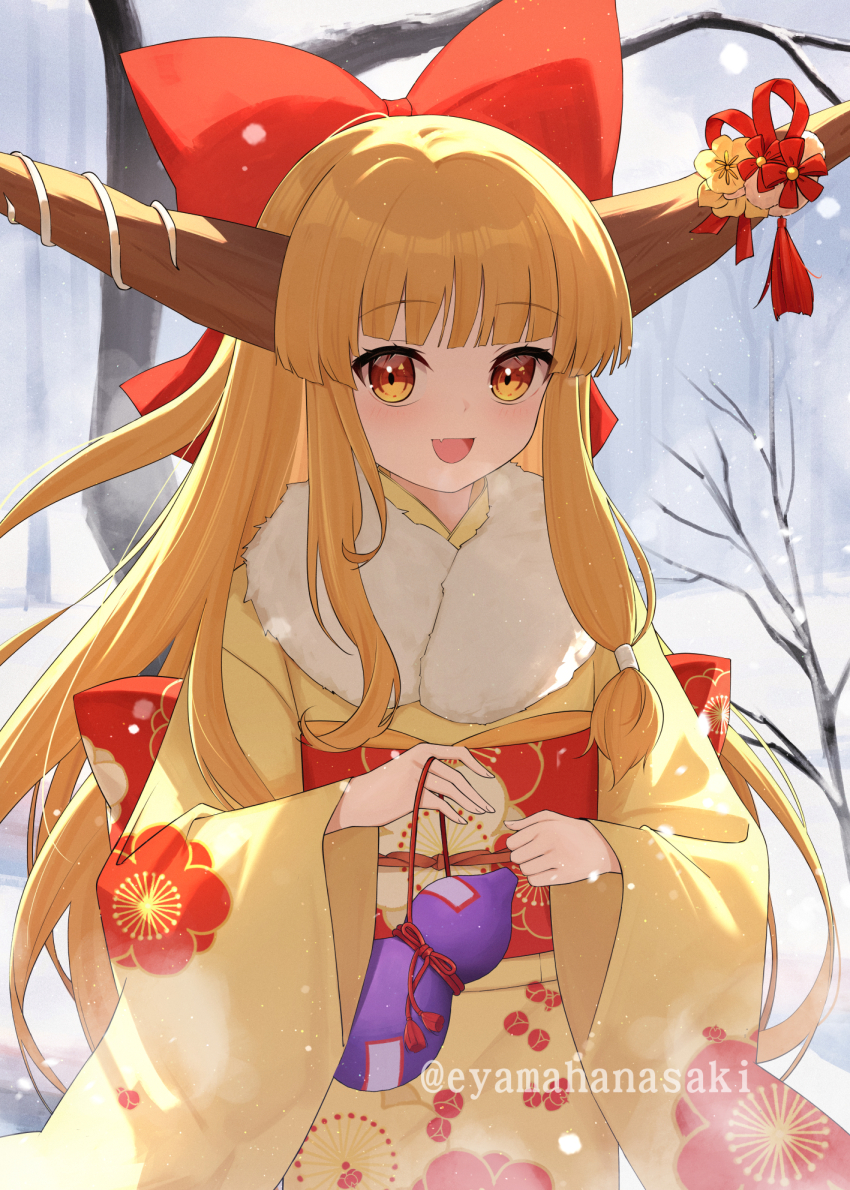 bow brown_horns flower hair_bow highres horn_bow horn_ornament horn_ribbon horns ibuki_suika japanese_clothes kimono oeyama orange_eyes orange_hair outdoors ribbon single_horn smile snow touhou wide_sleeves