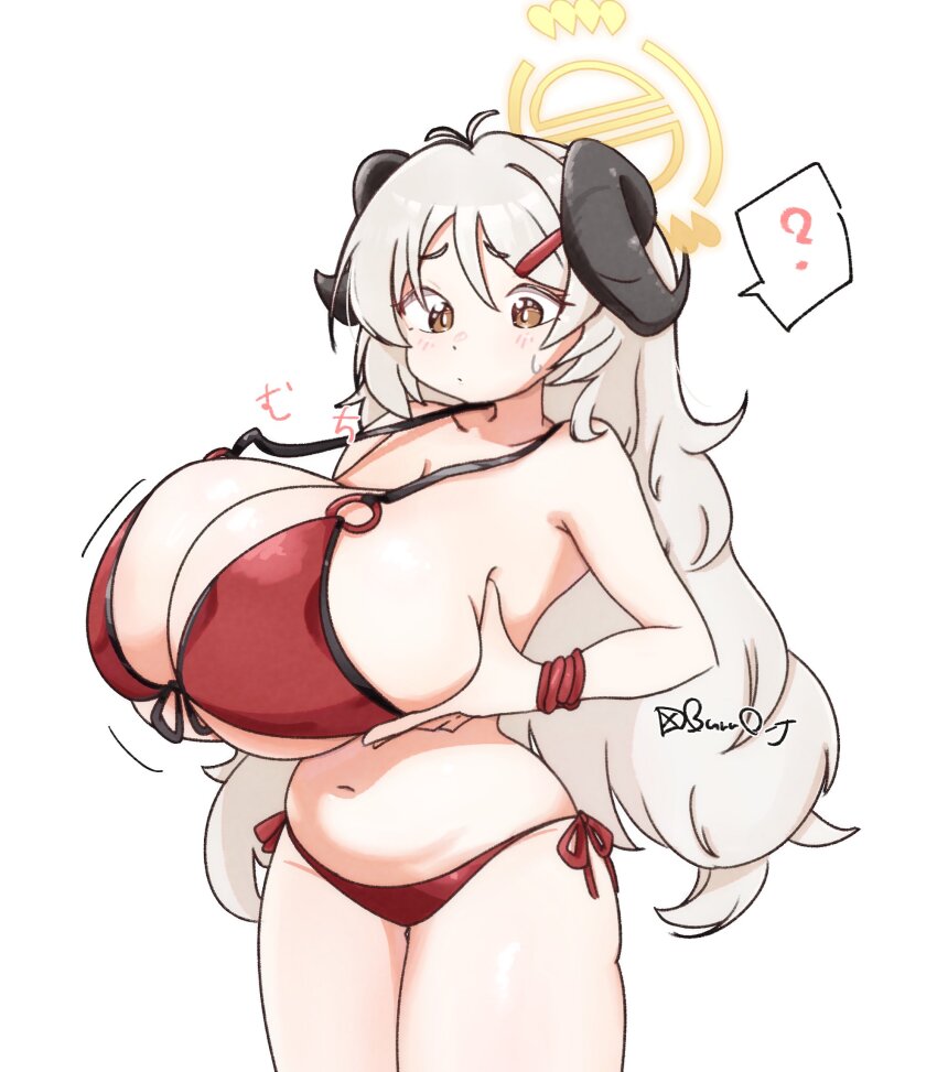 1girl ? arms_under_breasts artist_request bikini blue_archive blush breast_lift breasts brown_eyes burno_j cleavage curled_horns front-tie_bikini_top front-tie_top grey_hair hair_ornament hairclip halo highres horns huge_breasts izumi_(blue_archive) izumi_(swimsuit)_(blue_archive) long_hair navel o-ring o-ring_bikini red_bikini side-tie_bikini_bottom sideboob solo spoken_question_mark standing sweatdrop swimsuit wavy_hair white_background white_hair