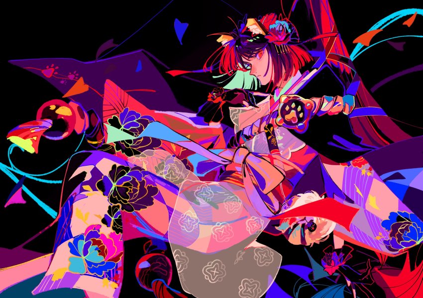 1girl animal_ears black_background black_gloves brown_hair dog_ears epaya_hakase fate/grand_order fate_(series) floral_print flower gloves hair_flower hair_ornament highres japanese_clothes kimono kyokutei_bakin_(fate) kyokutei_bakin_(second_ascension)_(fate) long_hair ponytail red_eyes