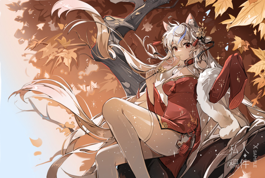 1girl animal_ears autumn_leaves breasts china_dress chinese_clothes dress guobaorou hair_ornament hand_fan highres holding holding_fan in_tree leaf long_hair looking_at_viewer maple_leaf medium_breasts multicolored_hair original red_dress red_eyes sitting sleeves_past_fingers sleeves_past_wrists solo streaked_hair thighhighs tree very_long_hair white_hair white_thighhighs
