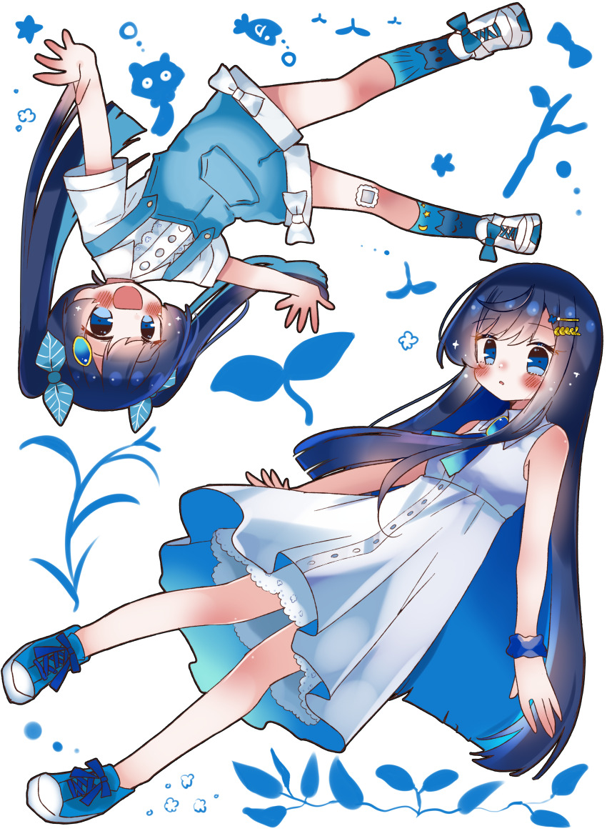 2girls :d absurdres animal_print background_request black_hair blue_bow blue_eyes blue_hair blue_overalls blue_ribbon blue_scrunchie blue_shoes blue_socks blush boater_hat bow brooch buttons cat_hat_ornament cat_print cevio collared_dress collared_shirt colored_inner_hair commentary_request cross-laced_clothes cross-laced_dress dress embroidery footwear_bow futaba_kominato futaba_minato gauze gauze_on_knee gradient_neck_ribbon hair_ornament hairclip hat hat_ornament hat_ribbon highres jewelry kneehighs lace_trim layered_dress leaf_hair_ornament long_hair multicolored_hair multiple_girls open_mouth overall_shorts overalls parted_lips print_socks ribbon scrunchie shimashiro_itsuki shirt shoes short_sleeves single_sidelock sleeveless sleeveless_dress smile sneakers socks swept_bangs twintails two-sided_fabric two-tone_background white_background white_bow white_dress white_hat white_shirt white_shoes wrist_scrunchie