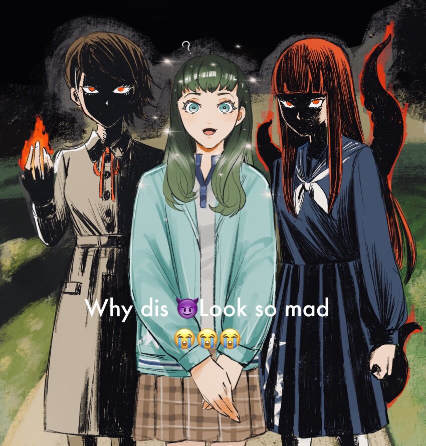 3girls ? ascot aura blue_eyes brown_hair clueless crying_emoji demon_emoji emoji face_in_shadow flaming_hand glaring glowing glowing_eyes glowing_hand green_hair high-waist_skirt highres hiromine_yoko isonokami_tao itsukishima_sahori jacket long_skirt looking_at_viewer meme multiple_girls neck_ribbon open_clothes open_jacket open_mouth own_hands_together partially_shaded_face red_eyes ribbon sailor_collar school_uniform senoitiziku shaded_face shin_megami_tensei shin_megami_tensei_v shin_megami_tensei_v:_vengeance short_hair skirt smile tentacles white_ascot why_dis_ninja_look_so_mad_(meme)