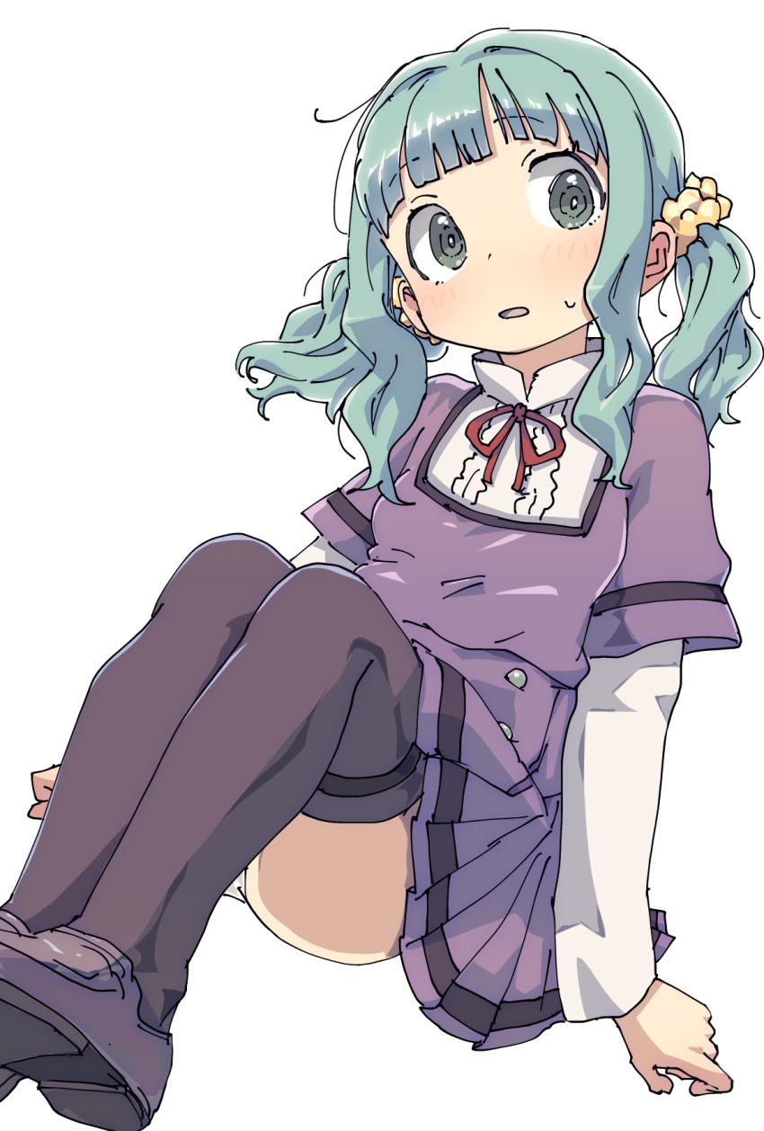 1girl black_thighhighs blue_hair center_frills collared_shirt commentary_request commission feet_out_of_frame frills futaba_sana gaihan_umeboshi_mitchell green_eyes hair_ornament hair_scrunchie highres invisible_chair layered_sleeves light_blush long_sidelocks long_sleeves magia_record:_mahou_shoujo_madoka_magica_gaiden mahou_shoujo_madoka_magica medium_hair mizuna_girls&#039;_academy_school_uniform neck_ribbon open_mouth pixiv_commission pleated_skirt purple_shirt purple_shoes purple_skirt red_ribbon ribbon ringed_eyes school_uniform scrunchie shirt shoes short_over_long_sleeves short_sleeves sidelocks sitting skirt solo sweat thighhighs twintails white_background white_shirt yellow_scrunchie