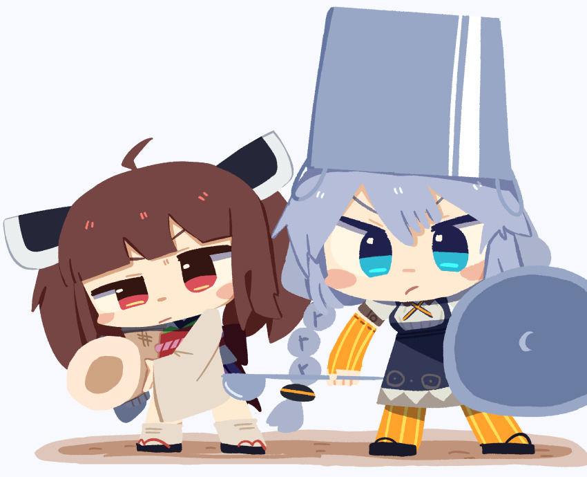 2girls ahoge black_dress black_sandals blue_eyes blunt_bangs blush_stickers braid brown_hair chibi chibi_only closed_mouth commentary_request cooking_pot dress elbow_gloves fingerless_gloves food full_body gloves grey_hair headgear highres holding holding_food holding_ladle holding_lid japanese_clothes kimono kiritanpo_(food) kizuna_akari konohoshi ladle long_hair long_sleeves looking_at_viewer multiple_girls neck_ribbon no_lineart obi okobo orange_gloves orange_pantyhose orange_ribbon pantyhose pinafore_dress platform_sandals pot_on_head red_eyes ribbon sandals sash shirt short_hair short_sleeves simple_background sleeveless sleeveless_dress socks standing striped_clothes striped_gloves striped_pantyhose touhoku_kiritan v-shaped_eyebrows vocaloid voiceroid white_background white_kimono white_shirt white_socks wide_sleeves