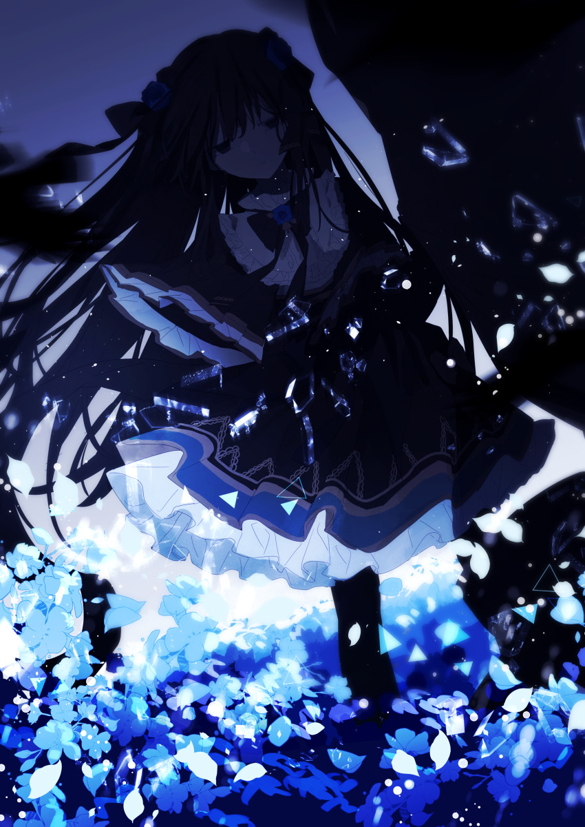 1girl absurdres arcaea black_bow black_bowtie black_dress black_eyes black_hair black_ribbon black_umbrella blue_flower blue_rose bow bowtie closed_mouth dress expressionless feet_out_of_frame flower frilled_dress frills glass_shards hair_flower hair_ornament hair_ribbon highres holding holding_umbrella long_hair long_sleeves looking_at_viewer maboroshi_(freeze000) neck_flower petticoat pleated_capelet ribbon rose solo standing tairitsu_(arcaea) tairitsu_(grievous_lady)_(arcaea) umbrella very_long_hair