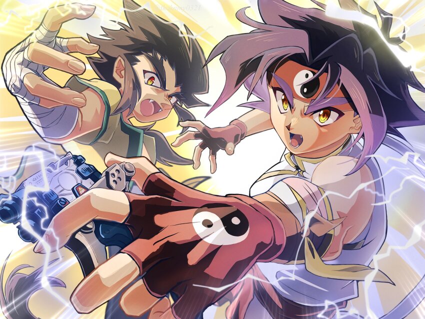 2boys bakuten_shoot_beyblade bandaged_arm bandages bare_shoulders beyblade black_hair brown_eyes chen_rai chinese_clothes electricity fingerless_gloves gloves headband highres holding kon_rei long_hair male_focus multiple_boys ponytail print_gloves print_headband red_gloves red_headband red_sash sash shirt simple_background sleeveless sleeveless_shirt solo spiked_hair tkoknmy0321 upper_body white_background white_shirt yin_yang yin_yang_print