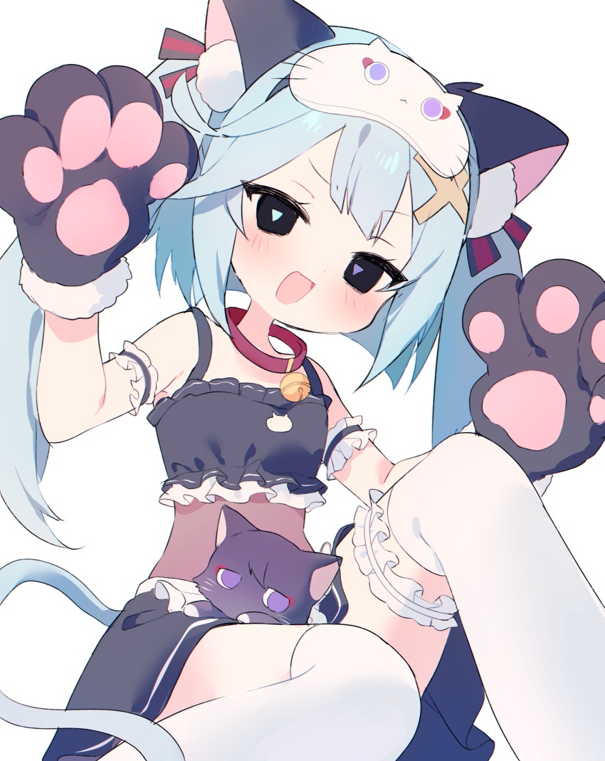 1girl absurdres alternate_costume alternate_eye_color animal_ears animal_hands animal_print animalization apron aqua_hair aqua_pupils arm_cuffs bell black_ribbon black_shirt black_skirt blush cat_ears cat_mask cat_paws cat_print cat_tail collar cropped_shirt eye_mask eyelashes fake_animal_ears faruzan_(genshin_impact) frilled_shirt frilled_thigh_strap frills fur_trim genshin_impact gold hair_ornament hair_ribbon heterochromia highres jingle_bell long_hair looking_at_viewer mask mask_on_head momoemokoko22 neck_bell open_mouth person_and_animalization pom_pom_(clothes) purple_pupils raised_eyebrows red_collar red_ribbon ribbon scaramouche_(cat)_(genshin_impact) scaramouche_(genshin_impact) shirt short_eyebrows sidelocks skirt sleep_mask sleeveless sleeveless_shirt symbol-shaped_pupils tail thigh_strap thighhighs triangle-shaped_pupils twintails waist_apron white_apron white_background white_mask white_thighhighs x_hair_ornament