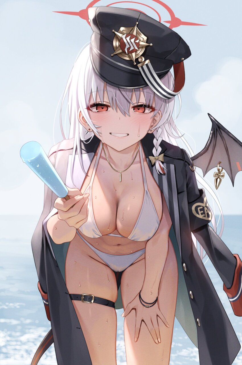 1girl alternate_costume bikini black_jacket black_tail black_wings blue_archive braid buruma cowboy_shot fake_wings food greenkohgen halo hand_on_own_thigh haruna_(blue_archive) highres holding holding_food holding_popsicle jacket jacket_on_shoulders leaning_forward long_hair looking_at_viewer popsicle red_halo side_braid single_wing smile solo swimsuit white_bikini wings