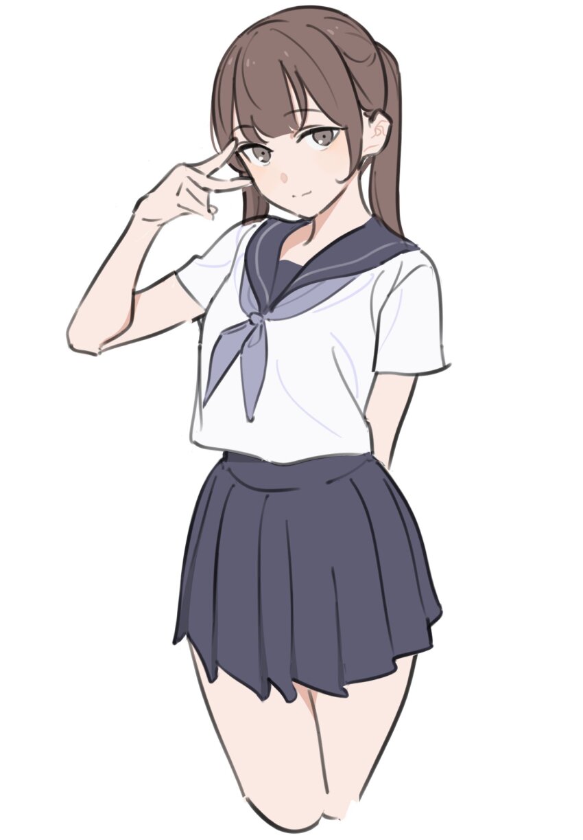 1girl blue_skirt bow breasts brown_eyes brown_hair closed_mouth hair_between_eyes highres kashiwa_(iersansi) long_hair looking_at_viewer neckerchief original pleated_skirt sailor_collar shirt short_sleeves simple_background skirt smile solo v white_background white_shirt