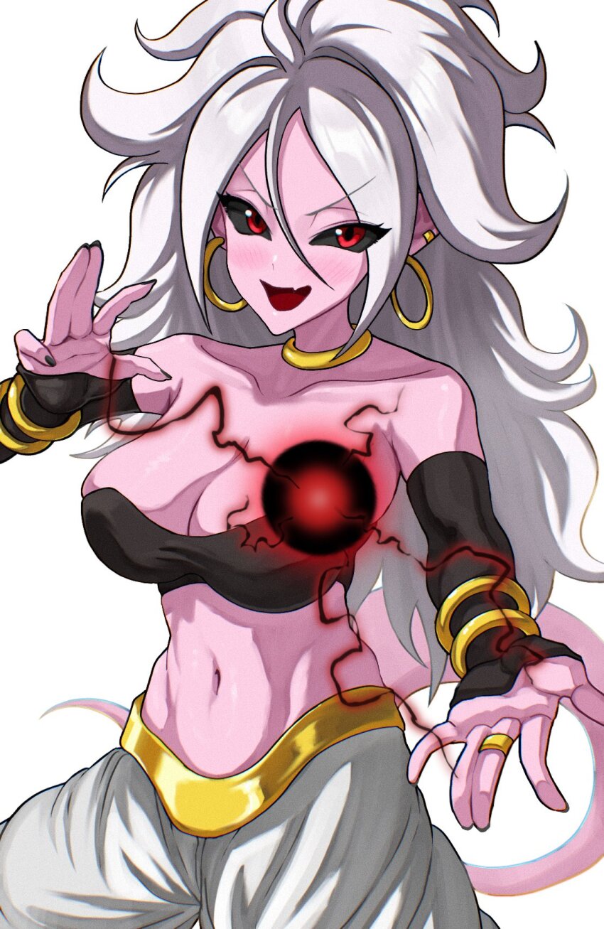 1girl android_21 black_nails black_sclera black_tube_top bracelet breasts choker cleavage colored_sclera colored_skin detached_sleeves dragon_ball dragon_ball_fighterz earrings energy_ball fang harem_pants highres hoop_earrings jewelry large_breasts long_hair majin_android_21 midriff navel pants pink_skin red_eyes ring skin_fang smile strapless takundraws tube_top white_hair yellow_choker