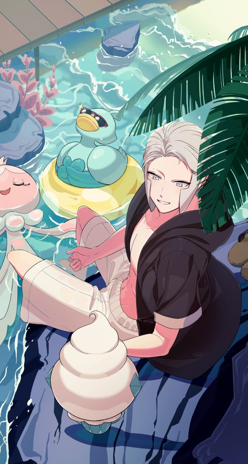 1boy black_jacket ducklett frillish frillish_(female) from_above game_freak gen_5_pokemon glint grey_eyes grey_hair highres hood hooded_jacket ingo_(pokemon) jacket long_sideburns male_focus male_swimwear moriyuisu nintendo obliques on_rock open_clothes open_jacket palm_leaf partially_submerged pokemon pokemon_(creature) pokemon_bw red-framed_eyewear rock short_hair sideburns sitting smile sunglasses swim_ring swim_trunks teeth vanillite water